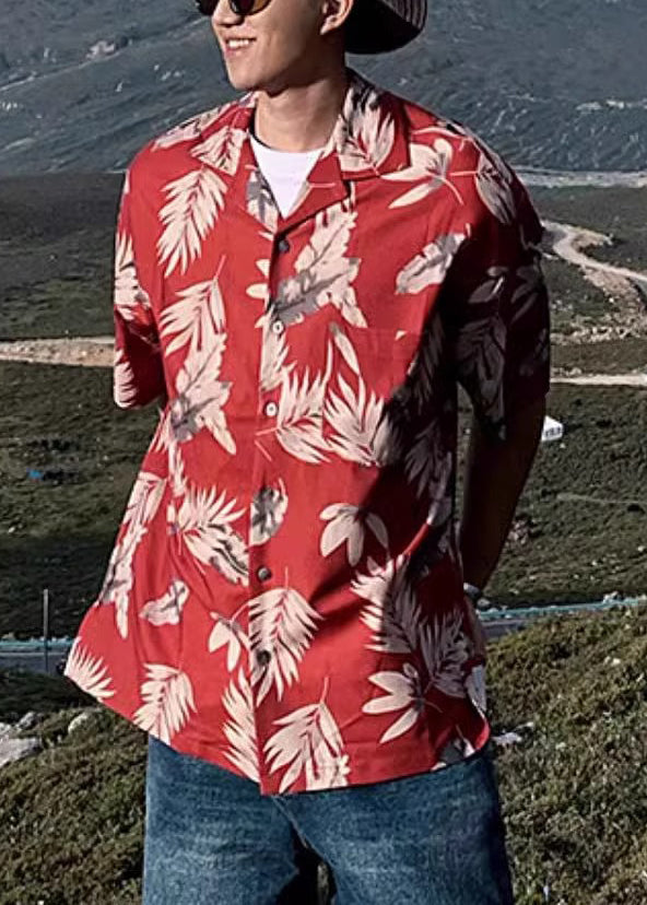 Peter Red Summer Print Loose Pan Collar Cotton Shirt Men Button