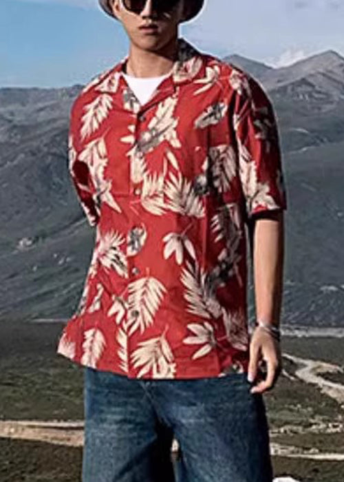 Peter Red Summer Print Loose Pan Collar Cotton Shirt Men Button