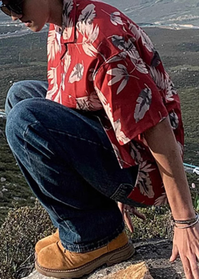 Peter Red Summer Print Loose Pan Collar Cotton Shirt Men Button