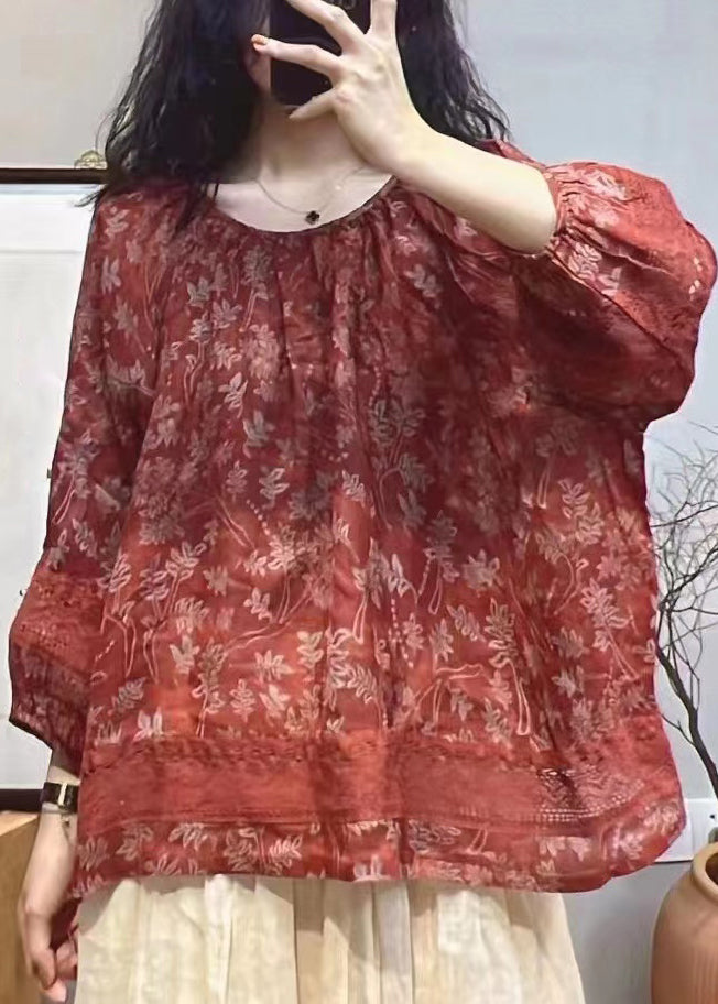 Loose Red Print Hollow Out Cotton Tops Long Sleeve SS034