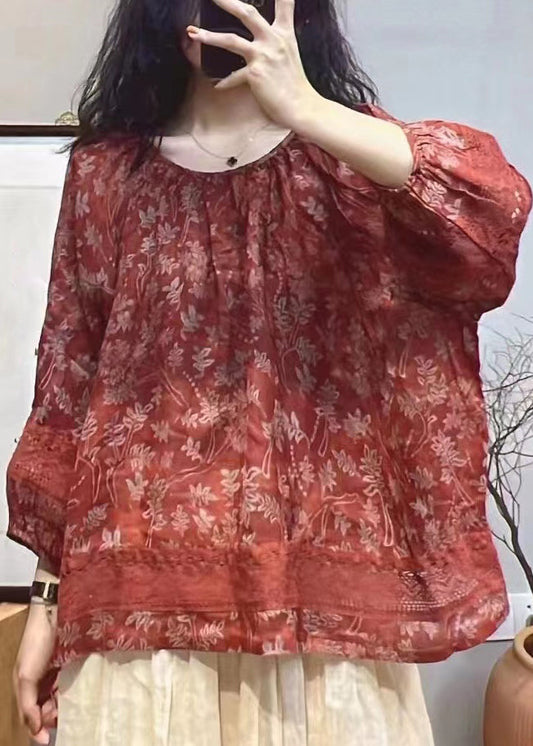 Loose Red Print Hollow Out Cotton Tops Long Sleeve SS034