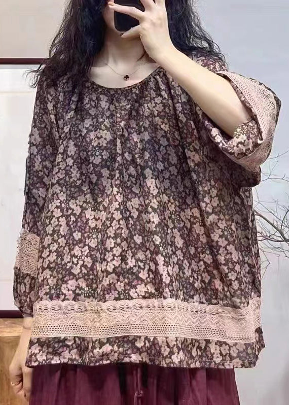 Loose Red Print Hollow Out Cotton Tops Long Sleeve SS034