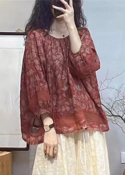 Loose Red Print Hollow Out Cotton Tops Long Sleeve SS034
