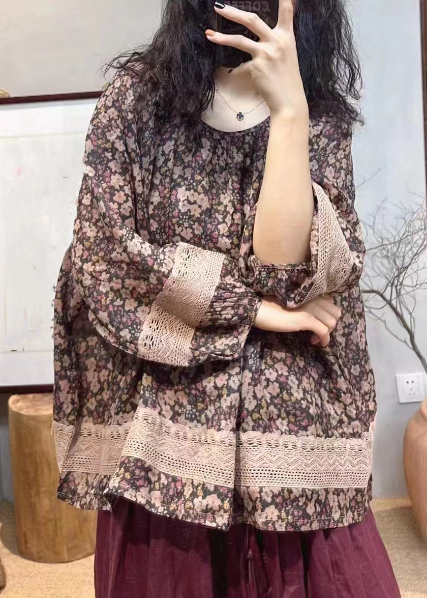 Loose Red Print Hollow Out Cotton Tops Long Sleeve SS034