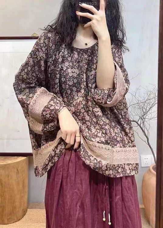Loose Red Print Hollow Out Cotton Tops Long Sleeve SS034