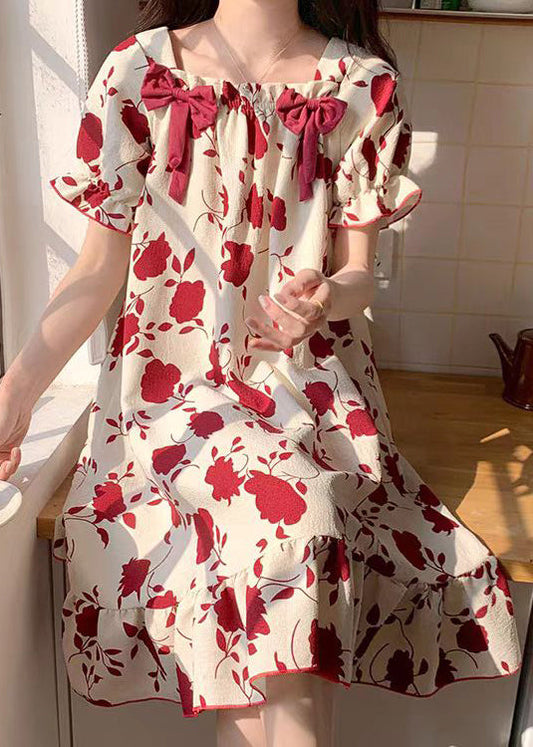 Loose Red Square Collar Bow Print Cotton Pajamas Dress Summer YK016