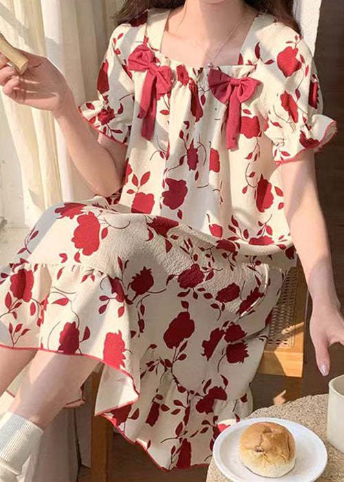 Loose Red Square Collar Bow Print Cotton Pajamas Dress Summer YK016