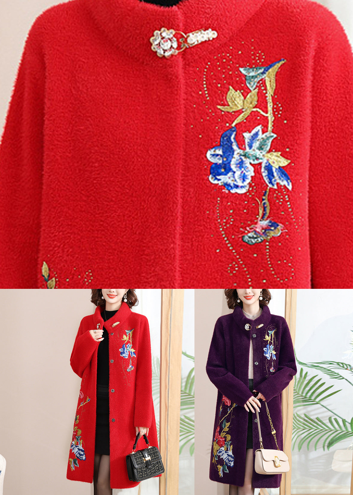 Loose Red Stand Collar Long Woolen Coats Spring TA030