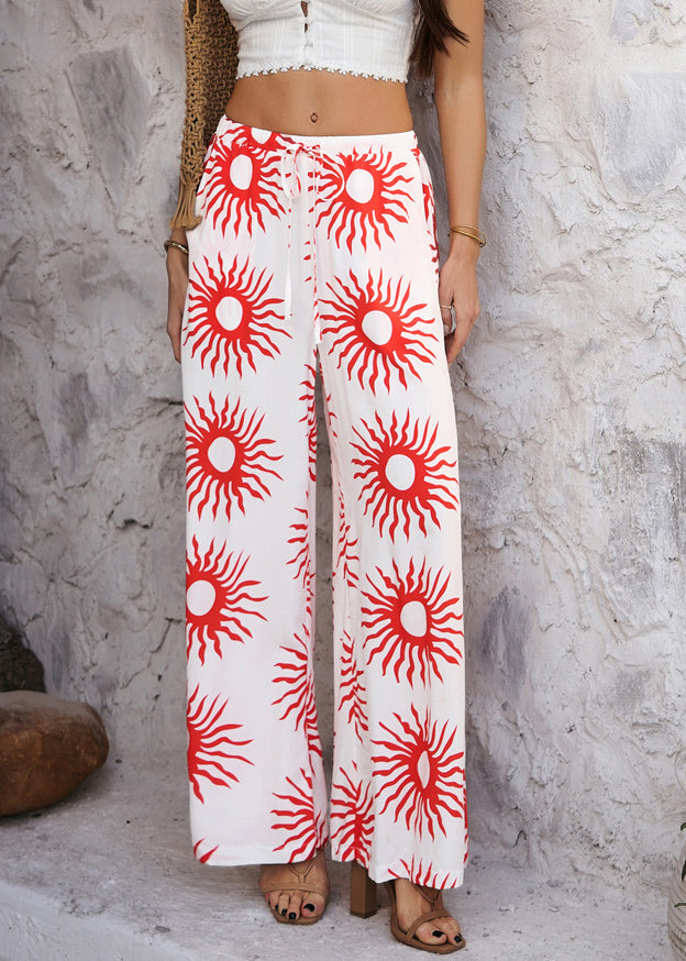Loose Wide High Pants Red Sunflower Summer Leg Waist