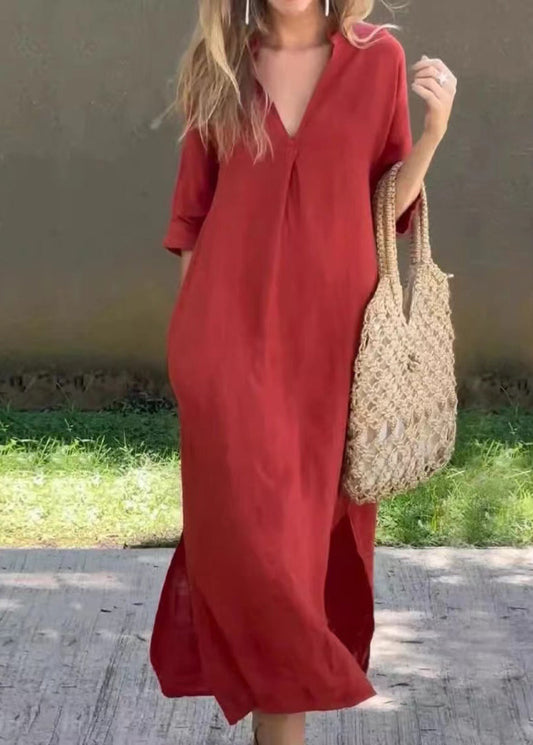 Half Loose Holiday Sleeve Open Linen Side Dress V Neck Red