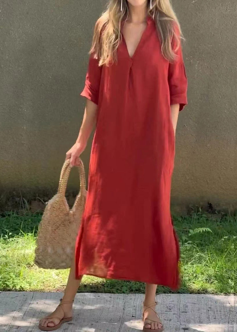 Half Loose Holiday Sleeve Open Linen Side Dress V Neck Red