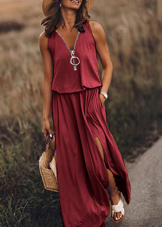 Sleeveless Red Cotton Side Up Dress Zip Patchwork Loose Open