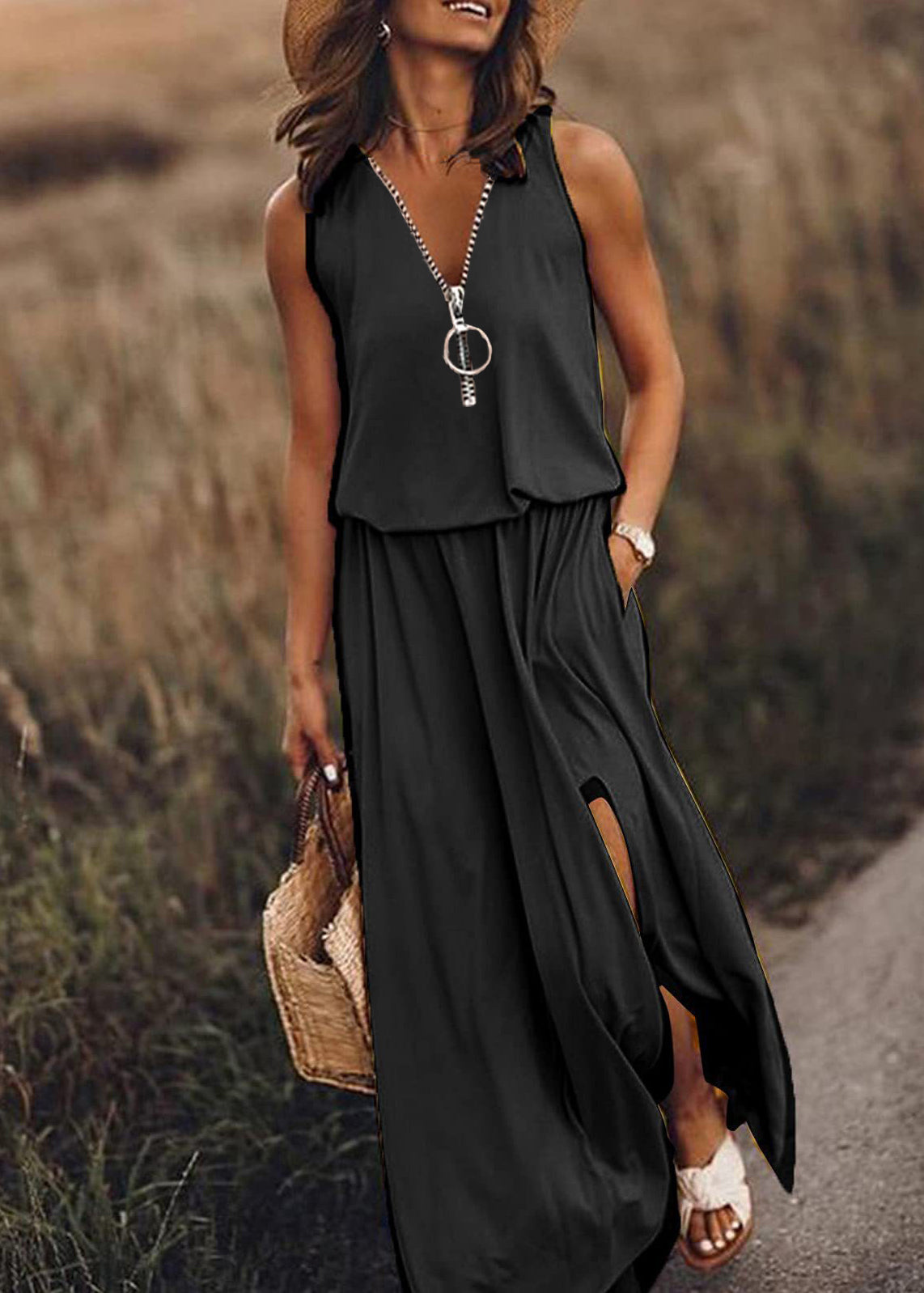 Sleeveless Red Cotton Side Up Dress Zip Patchwork Loose Open