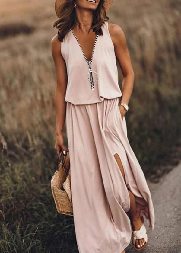 Sleeveless Red Cotton Side Up Dress Zip Patchwork Loose Open