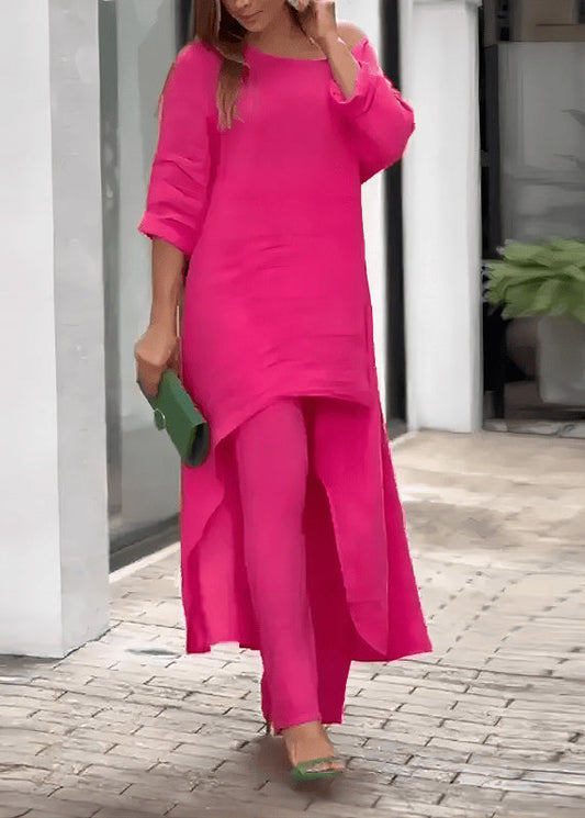 Two Pants Straight Rose Top Loose Solid O-Neck And Asymmetrical
