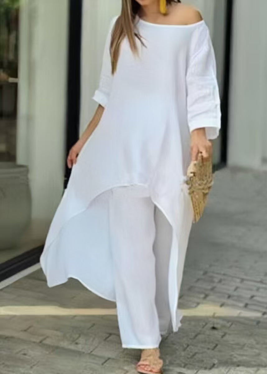 Two Pants Straight Rose Top Loose Solid O-Neck And Asymmetrical
