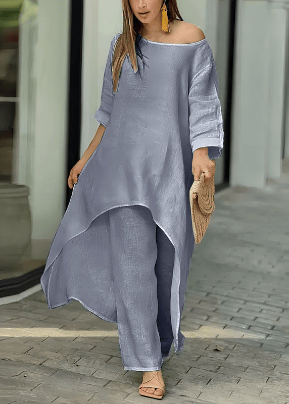 Two Pants Straight Rose Top Loose Solid O-Neck And Asymmetrical