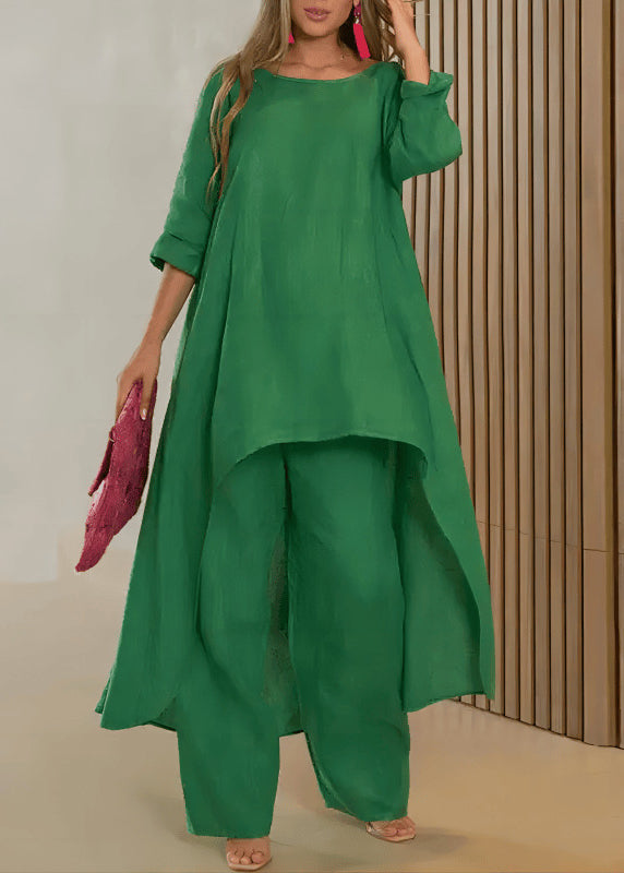 Two Pants Straight Rose Top Loose Solid O-Neck And Asymmetrical