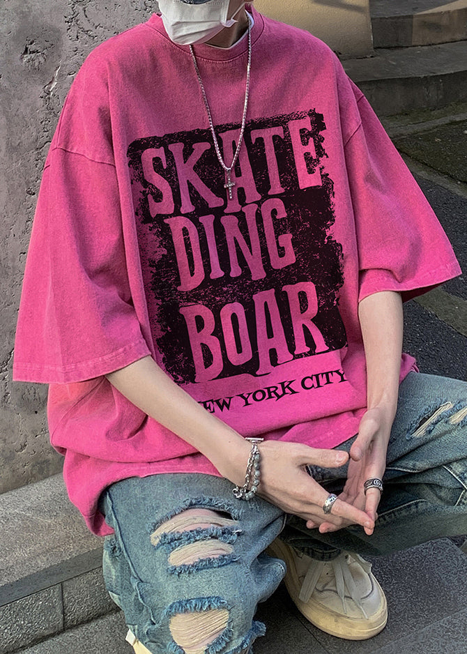 Letter Cotton O Loose Neck Men Shirt Half Rose Sleeve T