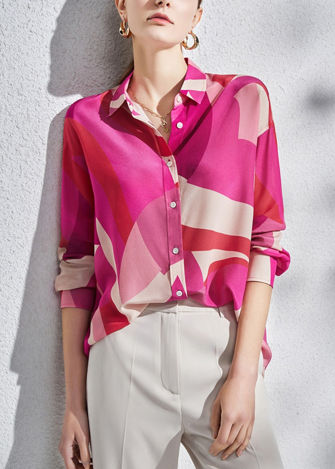 Loose Rose Peter Pan Collar Button Silk Shirts Long Sleeve Ada Fashion