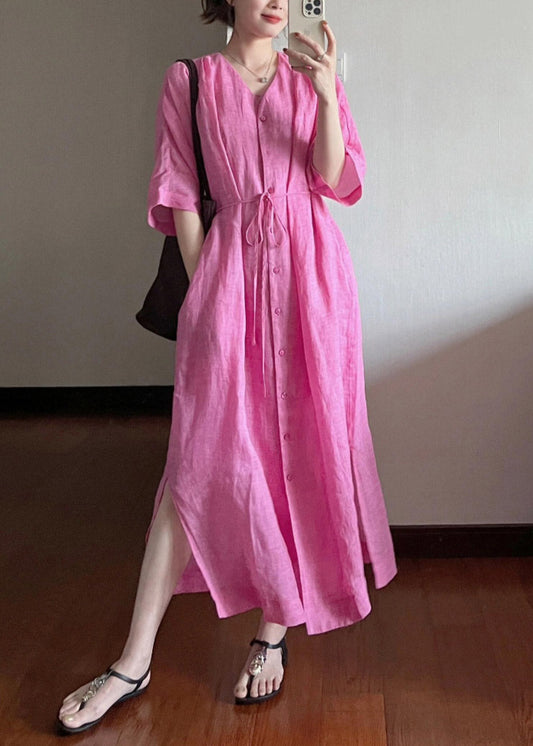 Rose V Cotton Neck Loose Dresses Long Summer Button