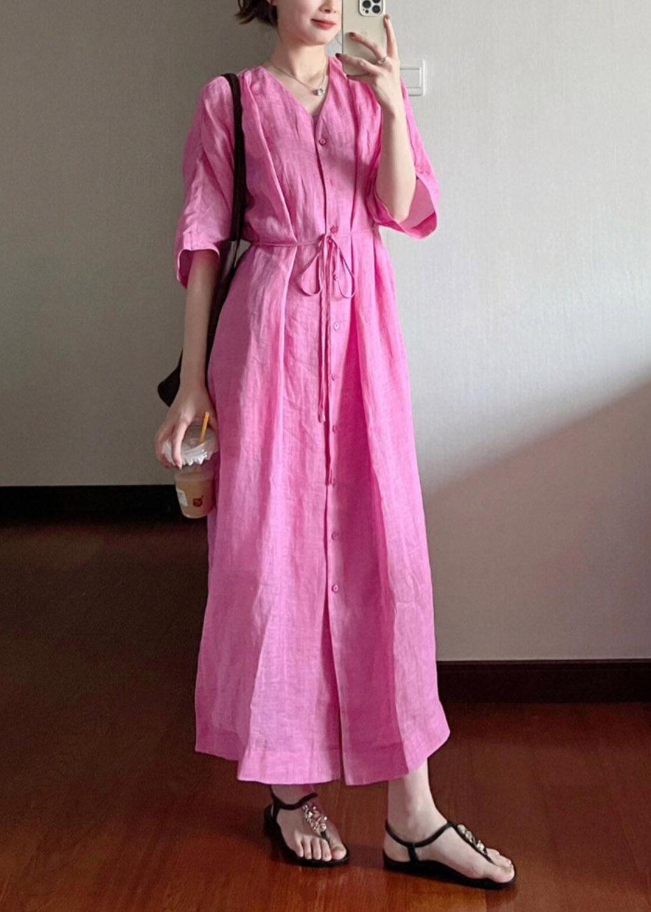 Rose V Cotton Neck Loose Dresses Long Summer Button