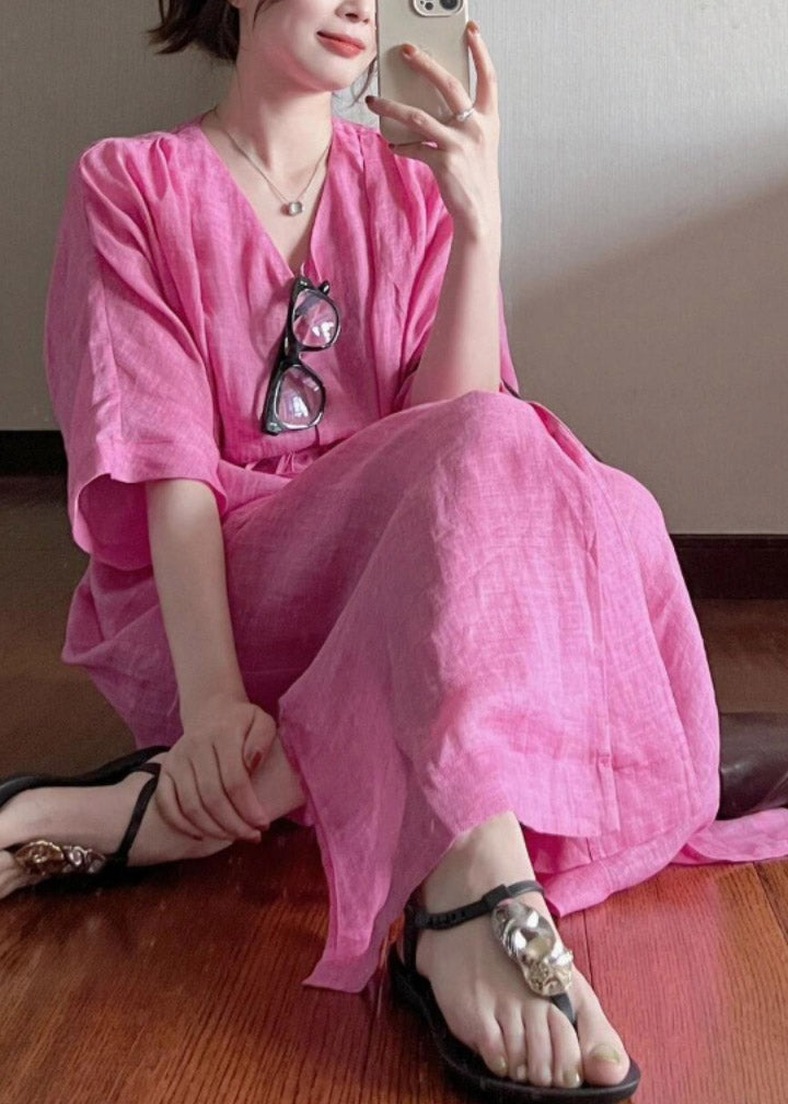 Rose V Cotton Neck Loose Dresses Long Summer Button