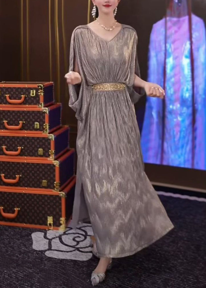 Side Silver Wrinkled Summer Open Long Dresses Loose Patchwork