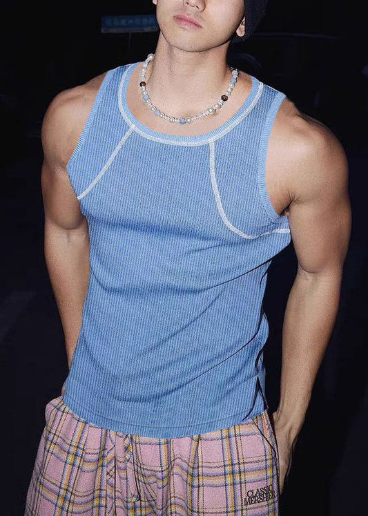 Sleeveless Patchwork Solid Tank O Sky Blue Neck Loose Cotton Men