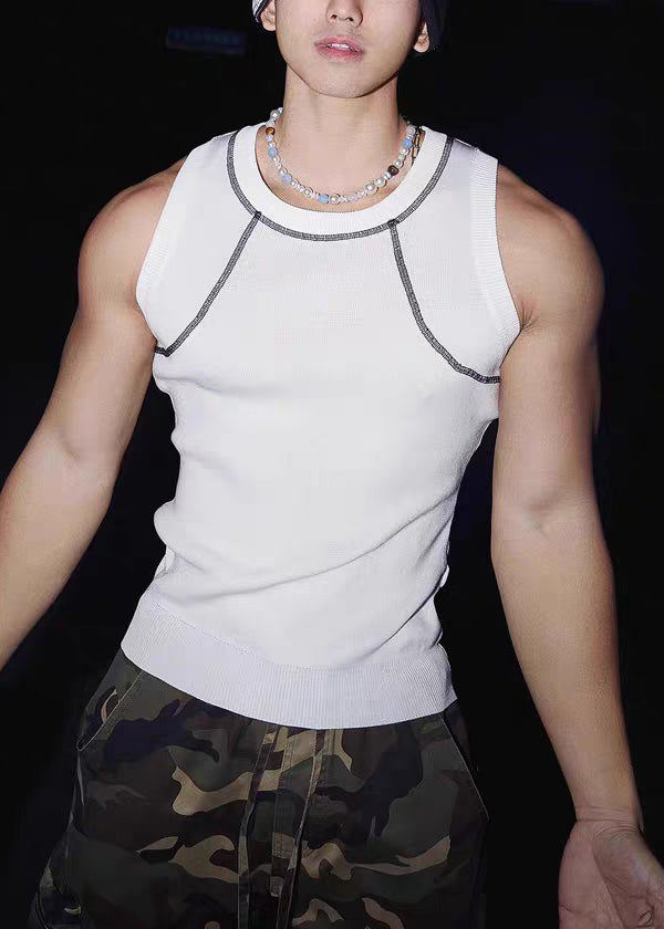 Sleeveless Patchwork Solid Tank O Sky Blue Neck Loose Cotton Men