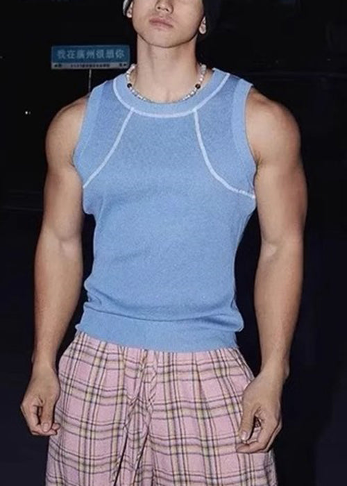 Sleeveless Patchwork Solid Tank O Sky Blue Neck Loose Cotton Men