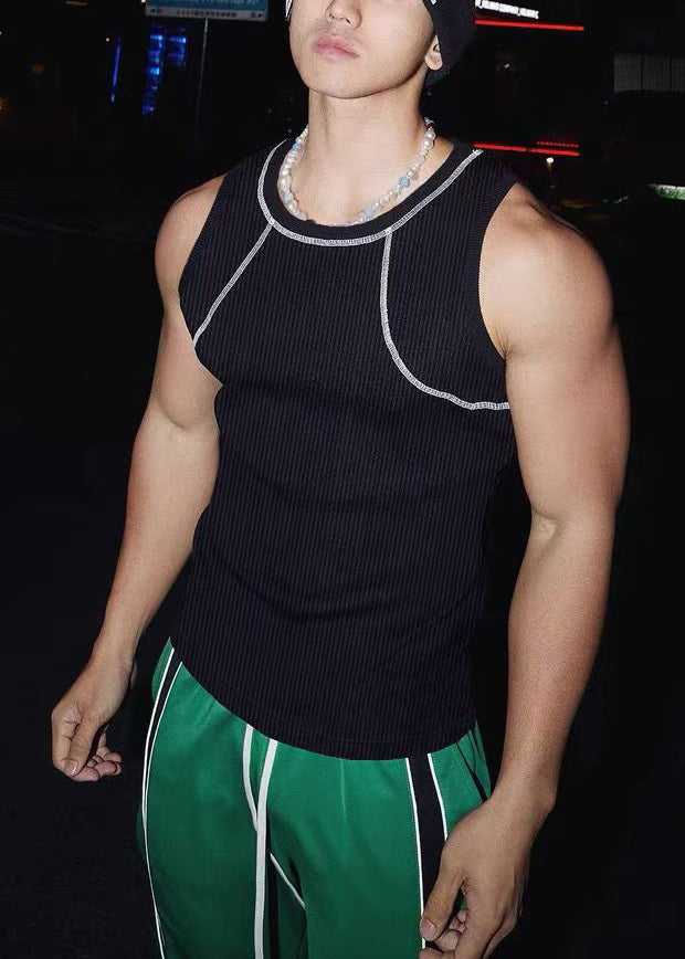 Sleeveless Patchwork Solid Tank O Sky Blue Neck Loose Cotton Men