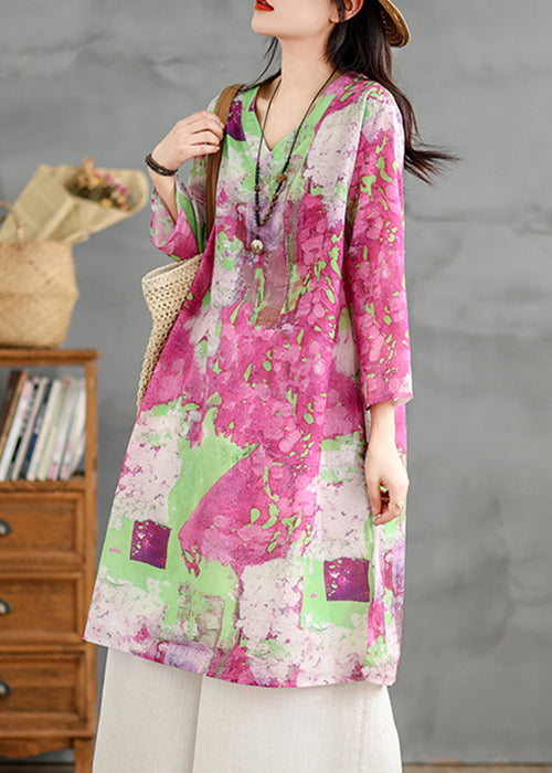 Sleeve Loose Cotton V Print Shirts Bracelet Dress Neck