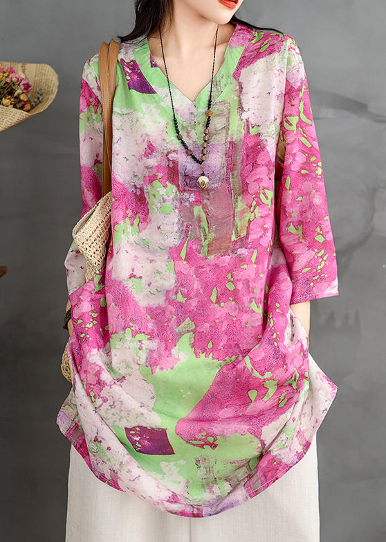 Sleeve Loose Cotton V Print Shirts Bracelet Dress Neck