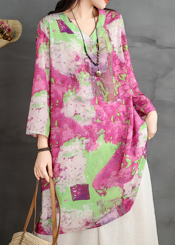 Sleeve Cotton Loose V Neck Dress Shirts Bracelet Print