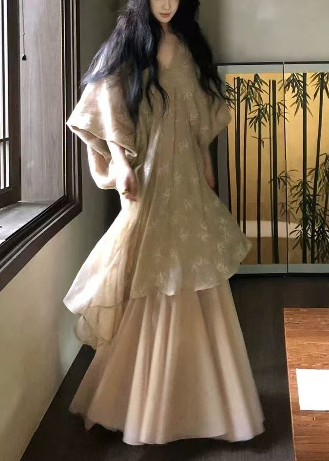 Sleeve Neck Dresses V Cotton Tulle Patchwork Loose Robe Batwing