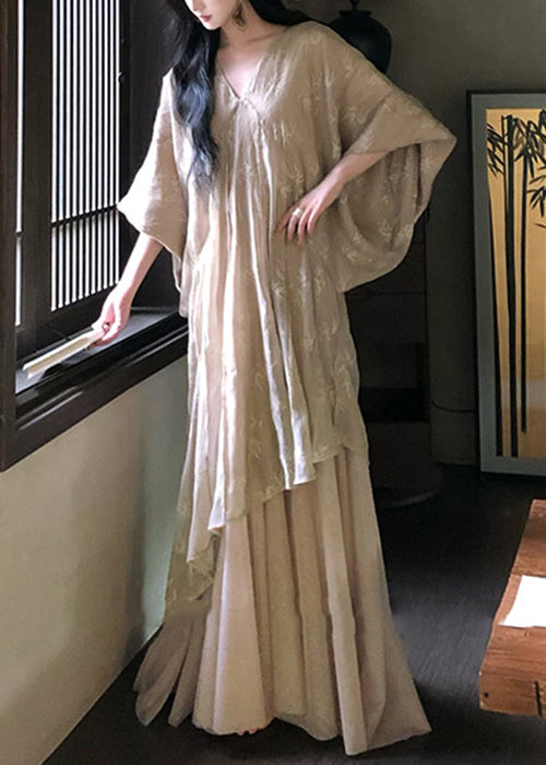 Sleeve Neck Dresses V Cotton Tulle Patchwork Loose Robe Batwing