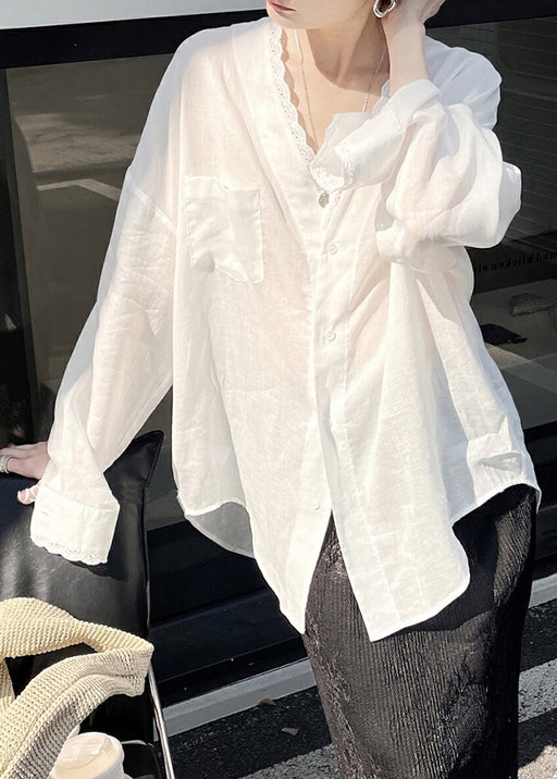 Thin Shirt Silk Button Loose Design Cotton Low High Summer White