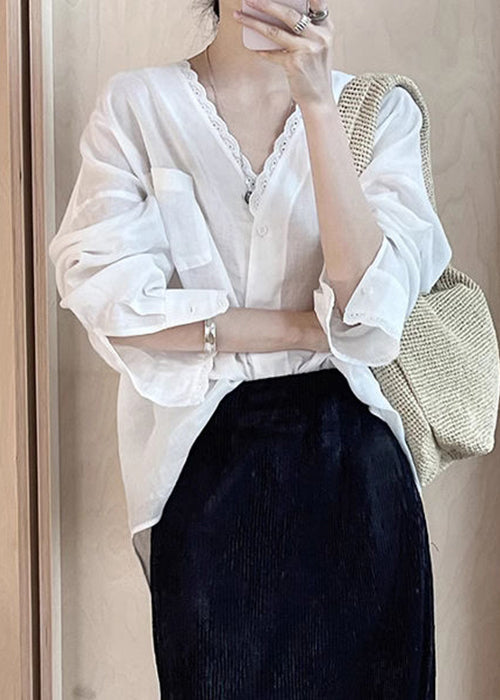 Thin Shirt Silk Button Loose Design Cotton Low High Summer White