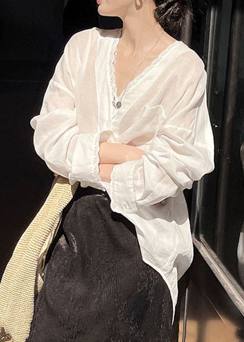 Thin Shirt Silk Button Loose Design Cotton Low High Summer White