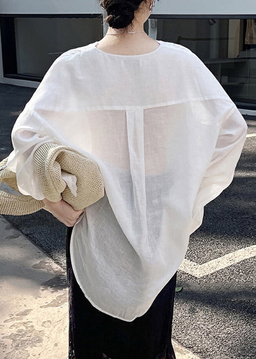 Thin Shirt Silk Button Loose Design Cotton Low High Summer White