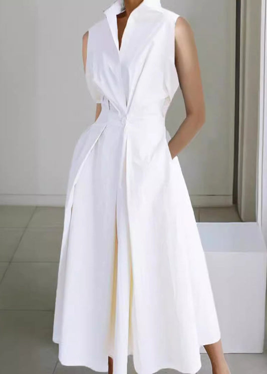 Sleeveless Loose Dress Long Pockets Button White Solid Cotton