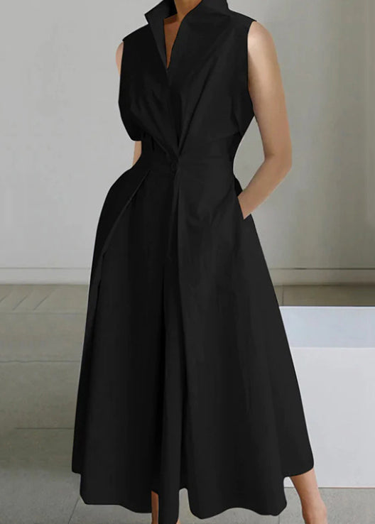 Sleeveless Loose Dress Long Pockets Button White Solid Cotton