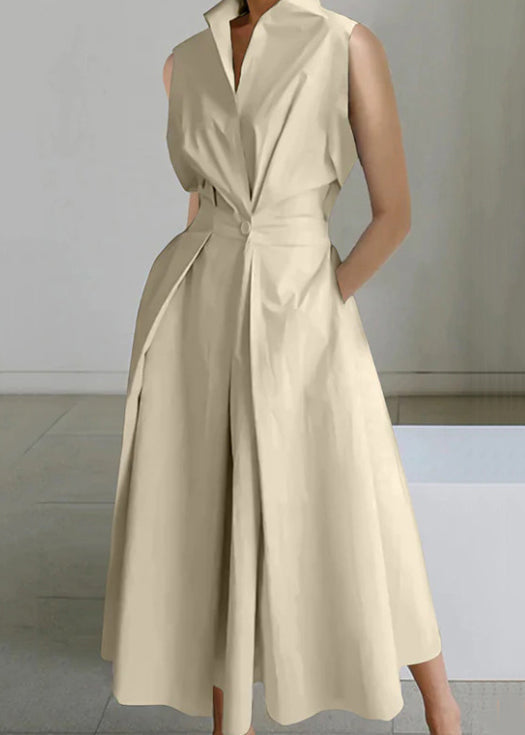 Sleeveless Pockets Solid Long Button Cotton White Dress Loose