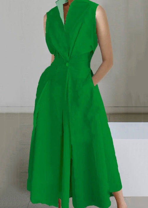 Sleeveless Loose Dress Long Pockets Button White Solid Cotton