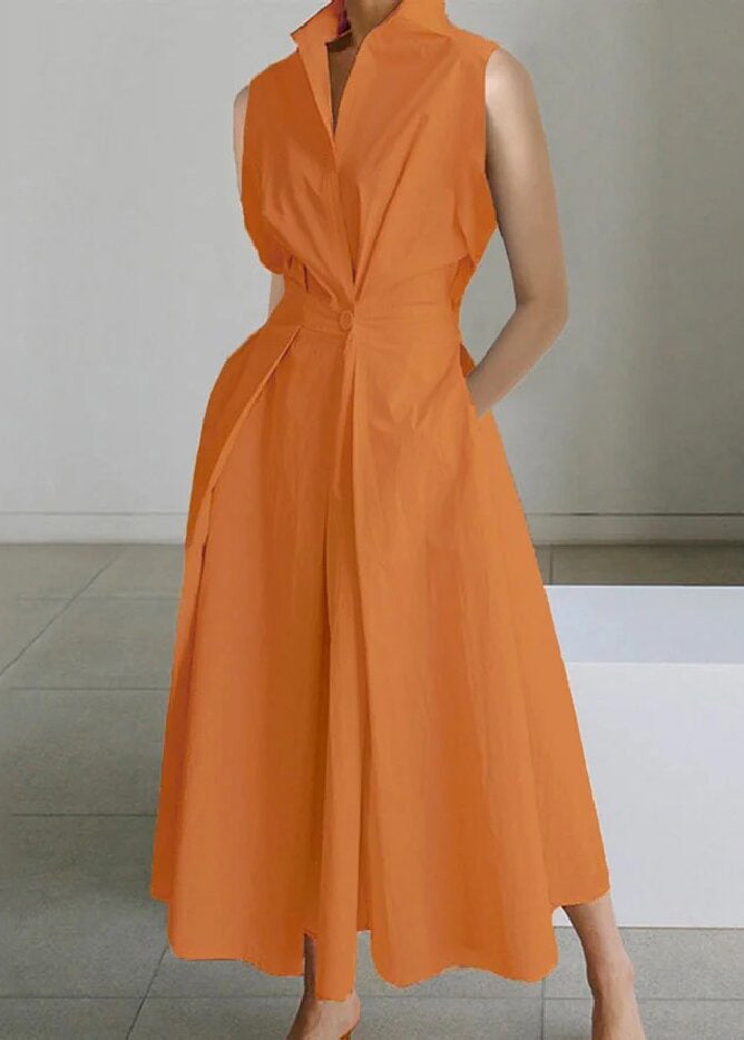 Sleeveless Loose Dress Long Pockets Button White Solid Cotton