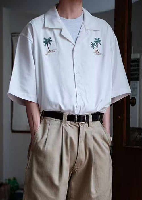 Men's Button Loose Shirts Cotton Summer Embroideried White