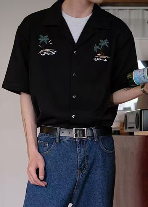 Men's Button Loose Shirts Cotton Summer Embroideried White