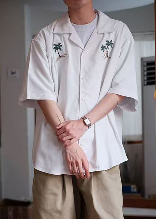 Men's Button Loose Shirts Cotton Summer Embroideried White