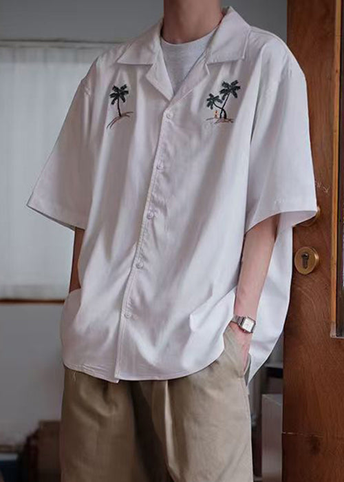 Men's Button Loose Shirts Cotton Summer Embroideried White